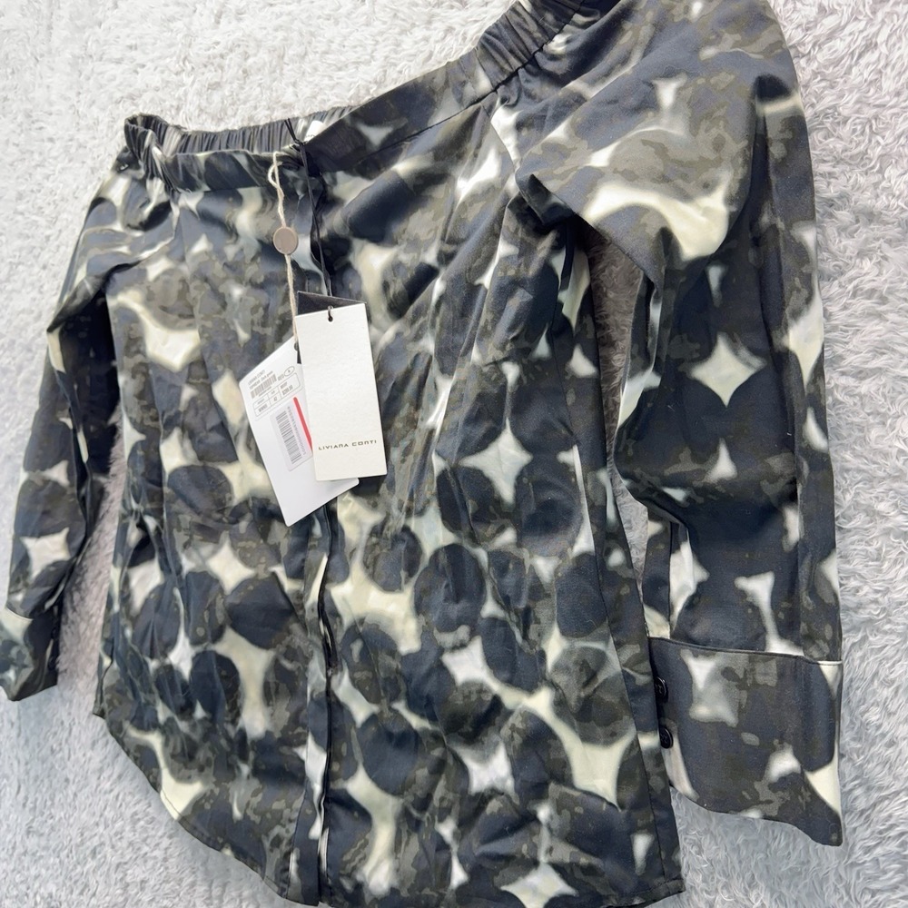 NWT Liviana Conti Off Shoulder Blouse Womens M IT 42 Black Abstract Print $289 - Picture 3 of 13